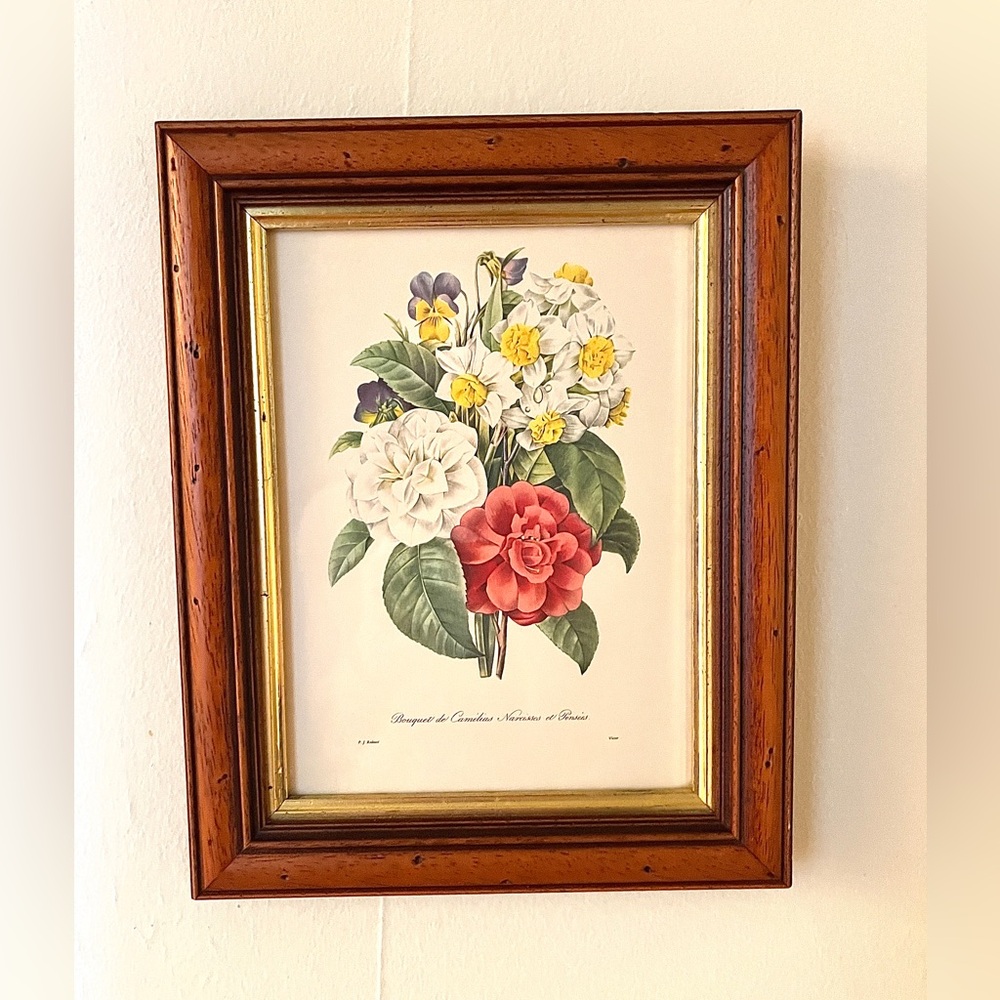 Vintage Botanical Print French
Floral Bouquet of Camellias, Narcissus & Pansies